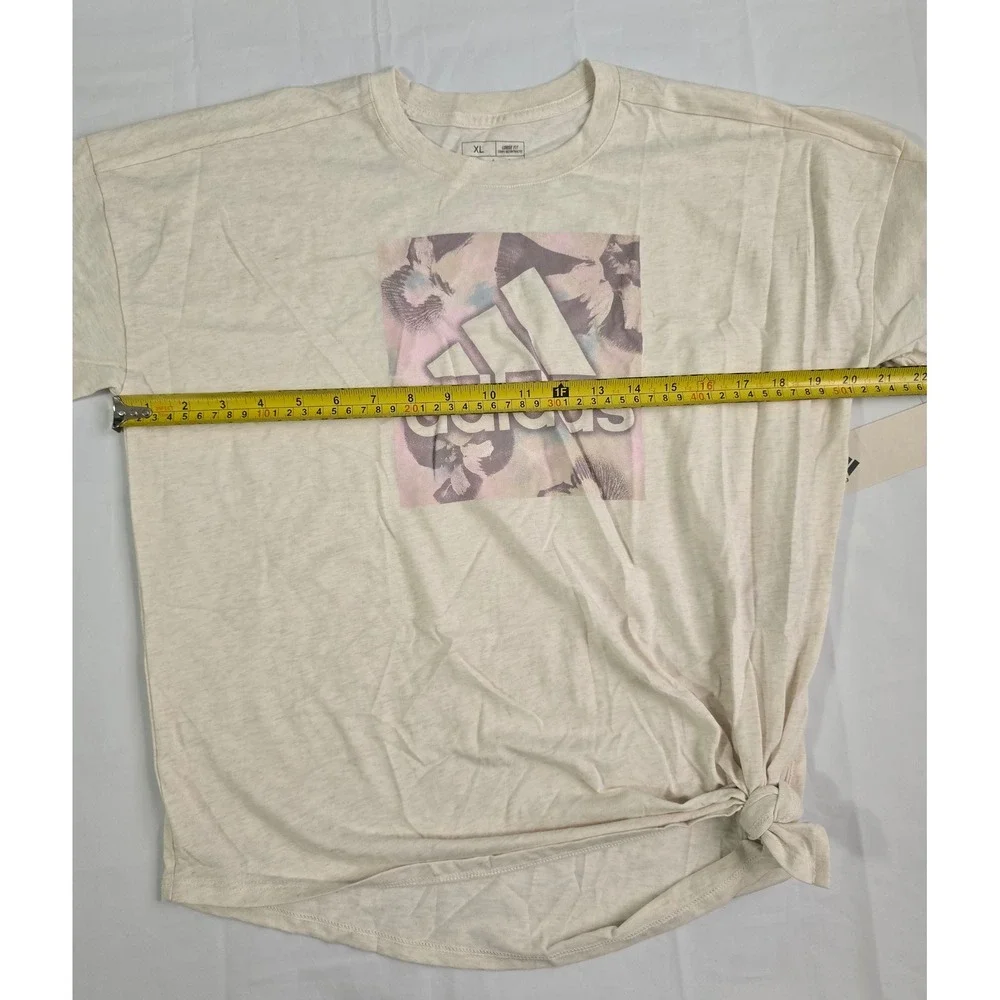 Adidas Girls XL Loose Fit Graphic T-Shirt Tan Heather Side Tie AA3189 NWT